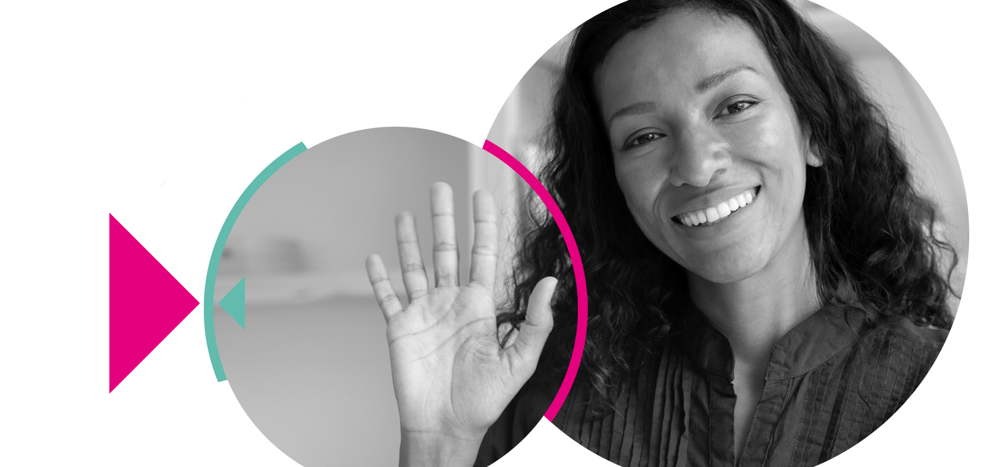 a woman smiling and waving her hand